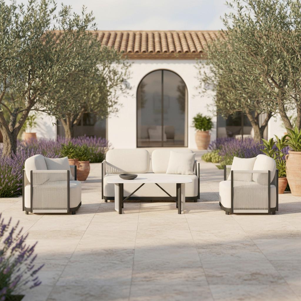 TERASOVÁ SEDACÍ SOUPRAVA CORALIE - krémová/antracitová, Moderní, kov/textil (155/62cm) - Bessagi Garden