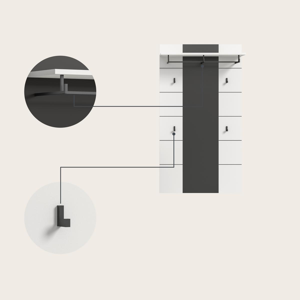 Garderobe Canu 3-Teilig Grau/Weiß B: 175 cm - Weiß/Grau, Design, Holzwerkstoff (175/190/37cm) - Livetastic