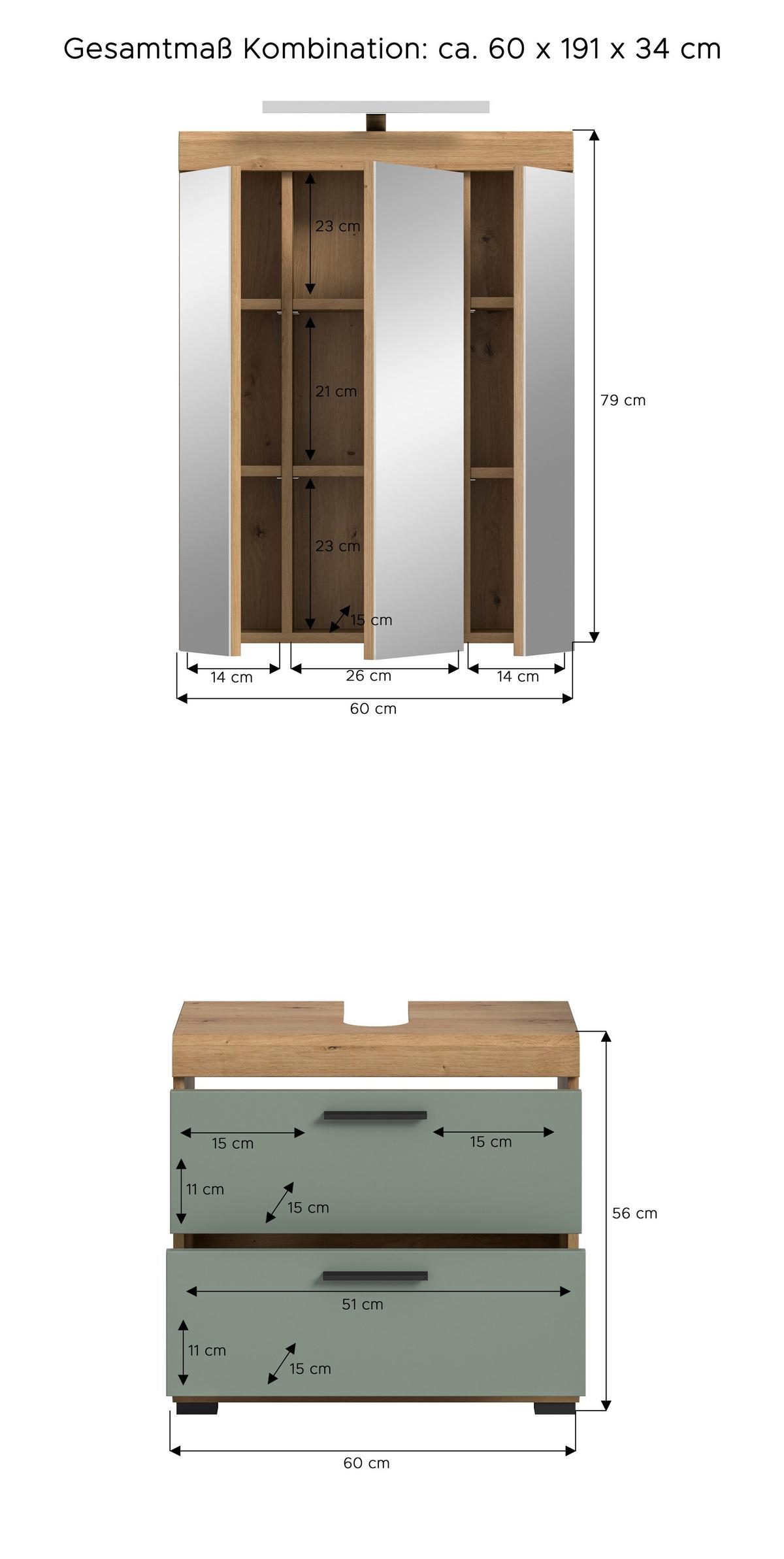 Badezimmer Scout Salbeigrün/Eiche D. B: 60 cm - Salbeigrün/Schwarz, MODERN, Glas/Holzwerkstoff (60cm) - MID.YOU