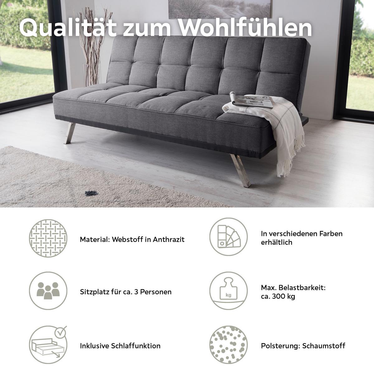 3-Sitzer-Sofa Mit Schlaffunkt. Roma Anthrazit - Edelstahlfarben/Anthrazit, Basics, Textil/Metall (179/84/96cm) - Ondega