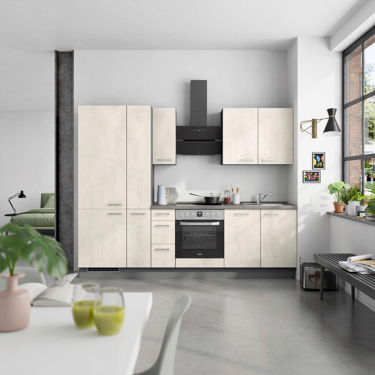 Kuchynská linka 270CM biely betón/ bridlicová šedá - biela/farba ušľachtilej ocele, Modern, kov/kompozitné drevo (270cm) - Nobilia