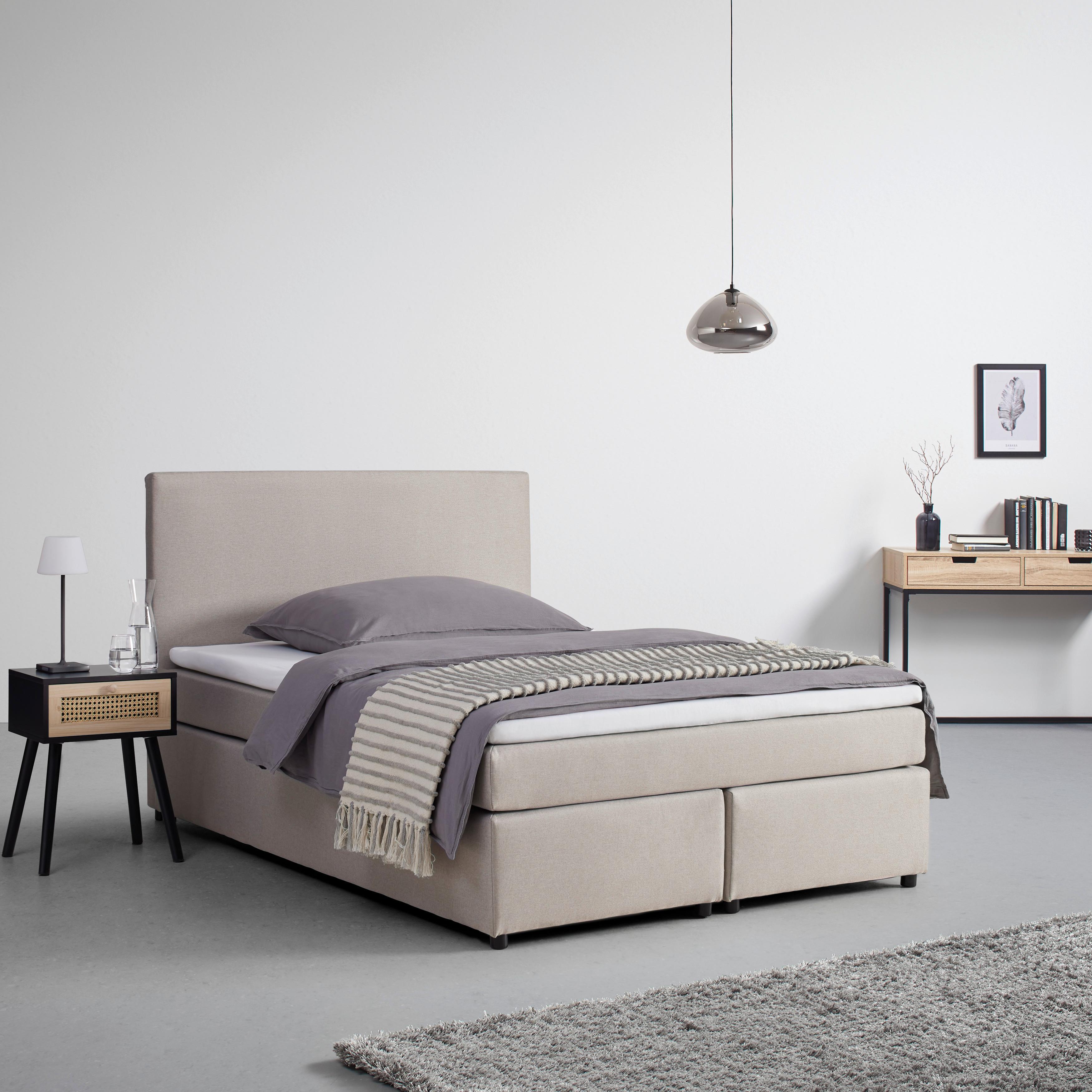 Boxspringová posteľ s toperom, 140x200 cm, béžová - čierna/béžová, Modern, drevo/textil (140/200cm) - Bessagi Home