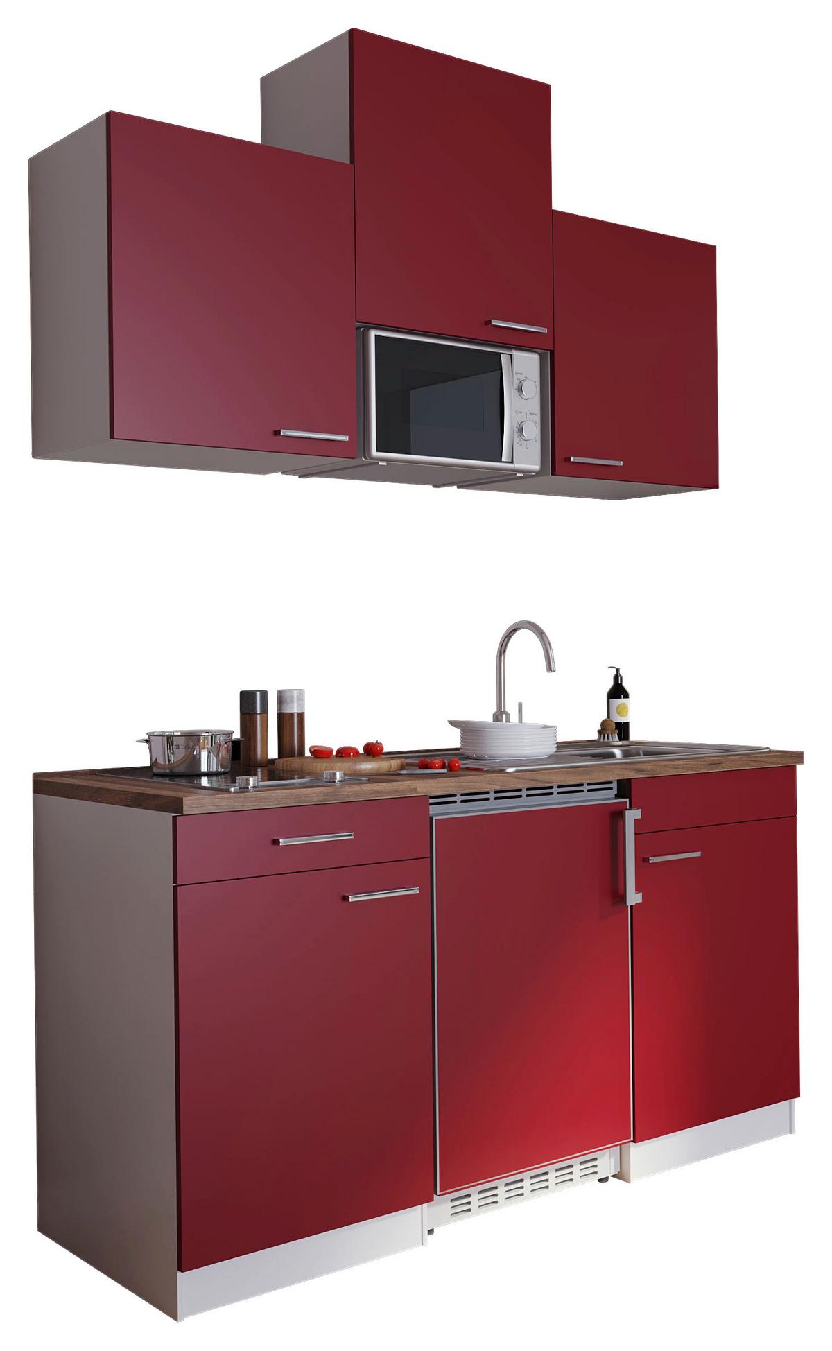 Miniküche Economy M. Geräten 150 Cm Rot/nussbaum Dekor - Rot/Nussbaumfarben, Basics, Holzwerkstoff (150cm) - Respekta