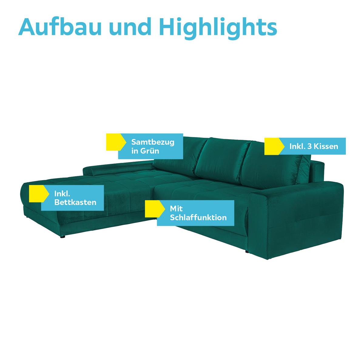 Ecksofa mit Schlaffunktion + Bettkasten Adria Smaragdgrün - Smaragdgrün, MODERN, Textil (213/308cm) - Luca Bessoni