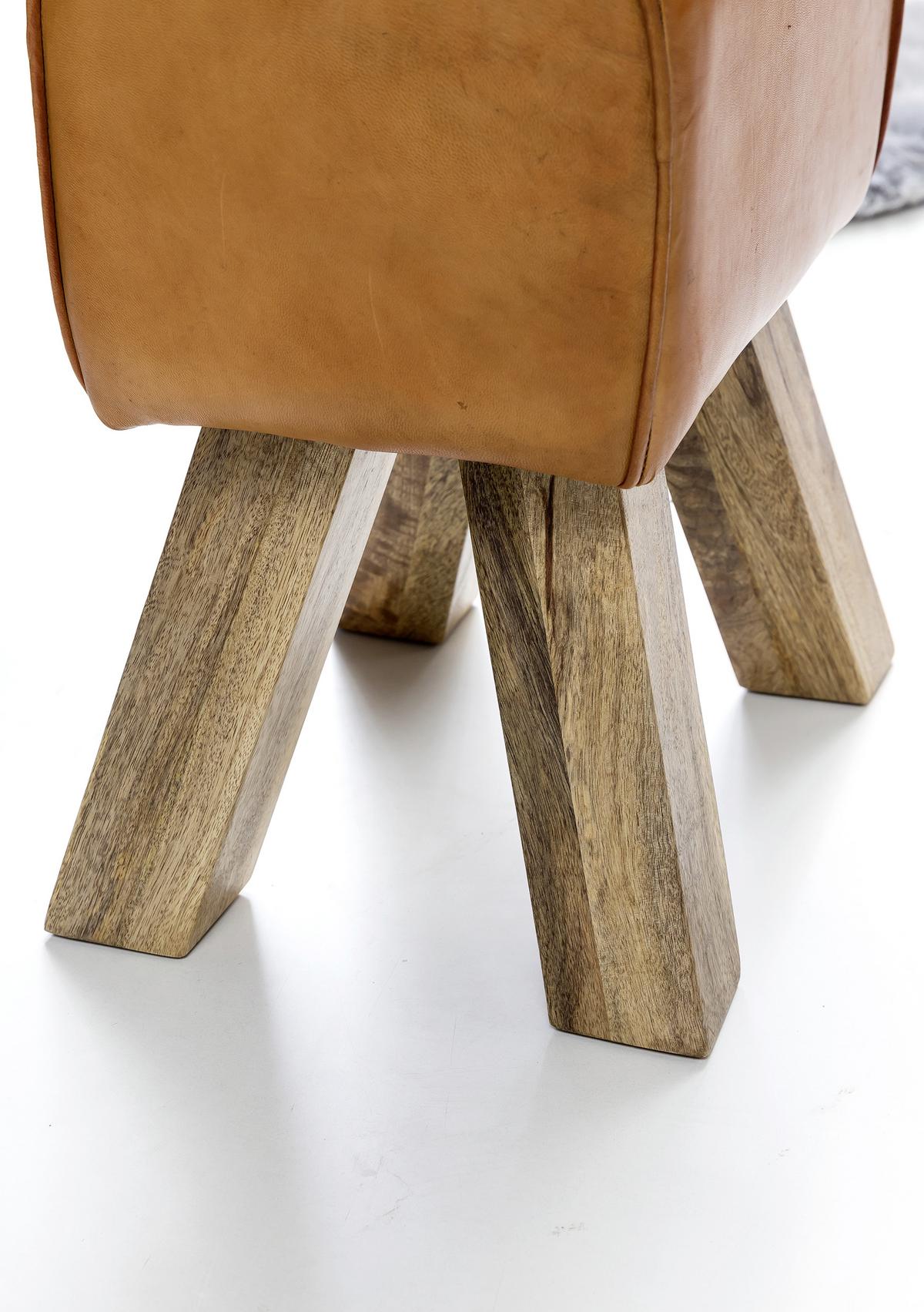 Taburet Hocker pravá kůže - hnědá, Natur, dřevo/kůže (40/47/30cm) - MID.YOU