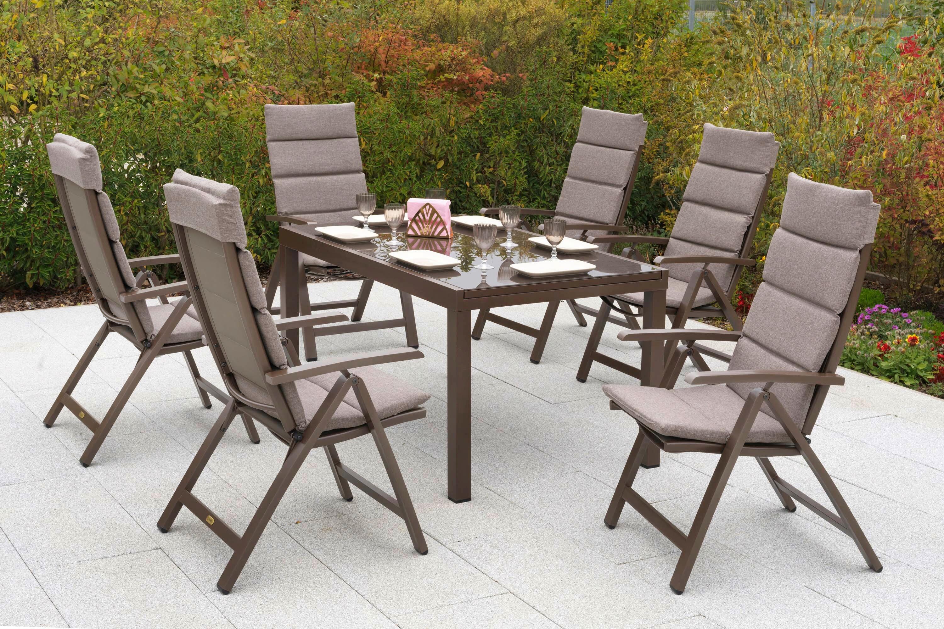 Gartentischgruppe Tinetto 7--Teilig. Aus Aluminium +auflagen - Taupe/Braun, KONVENTIONELL, Glas/Textil - Gardenson