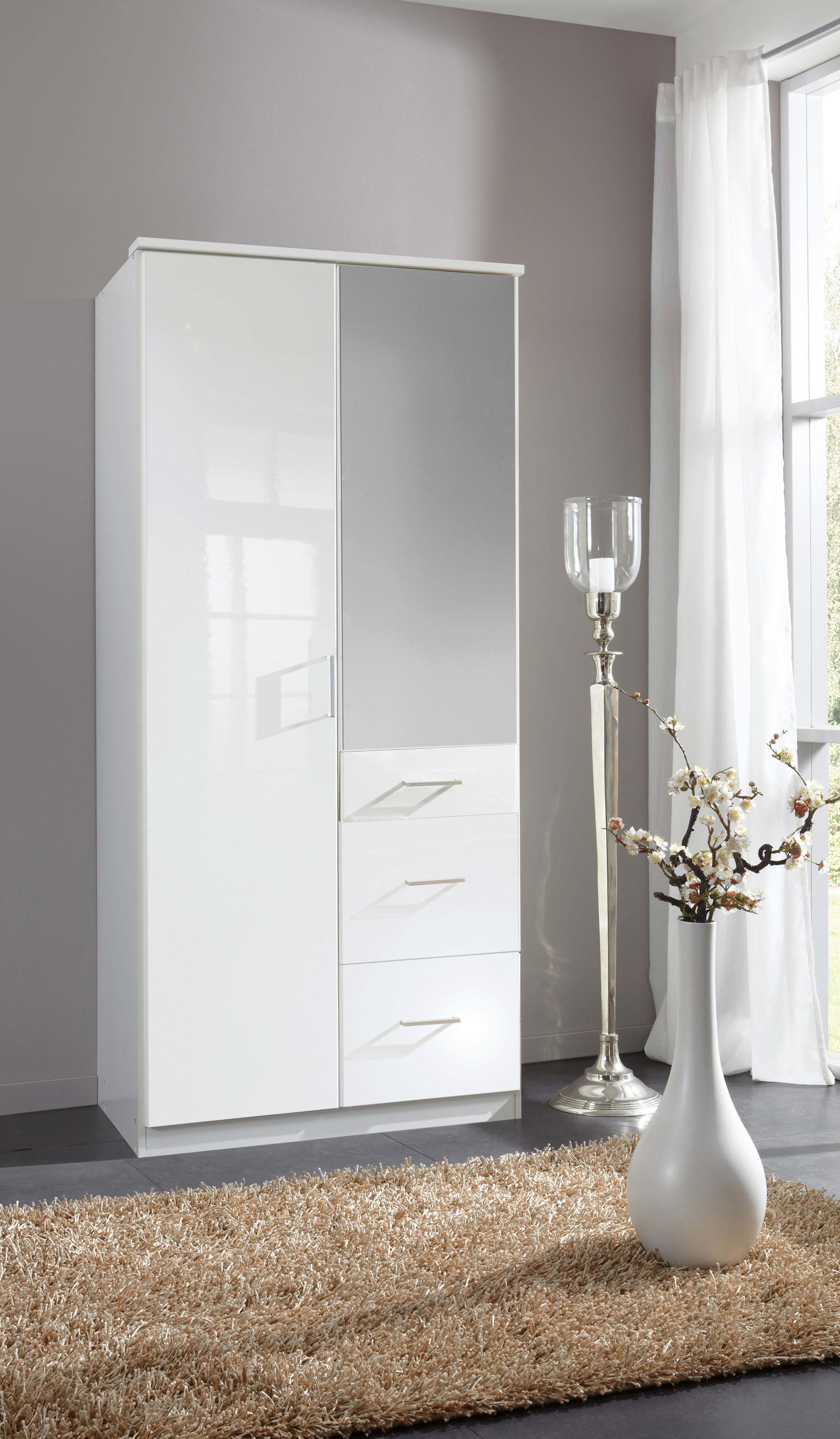 Drehtürenschrank Mit Spiegel + Laden B: 91 Cm Clack, Weiß - Weiß Hochglanz/Silberfarben, Basics, Holzwerkstoff (91/199/58cm) - MID.YOU