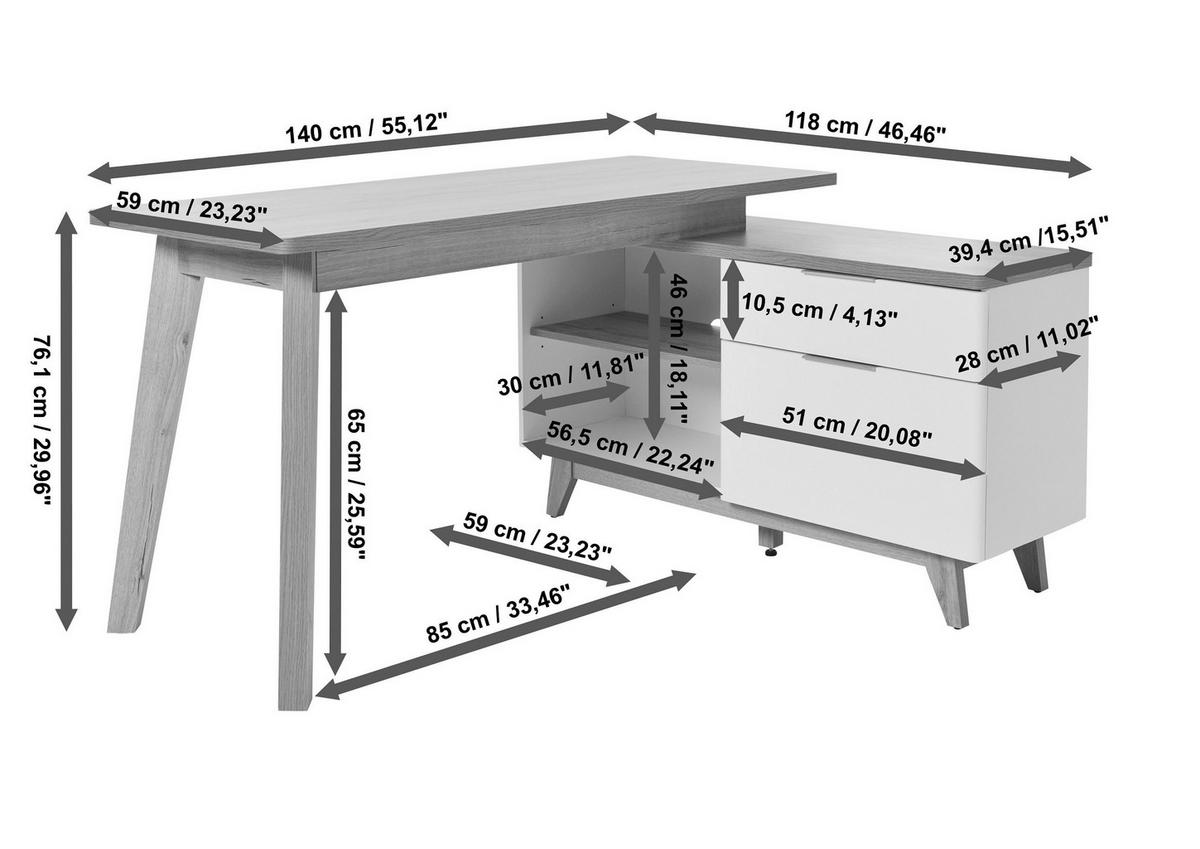 Eckschreibtisch Libre D 240 E - Eichefarben/Weiß, KONVENTIONELL, Holzwerkstoff (140/118/76cm) - Livetastic