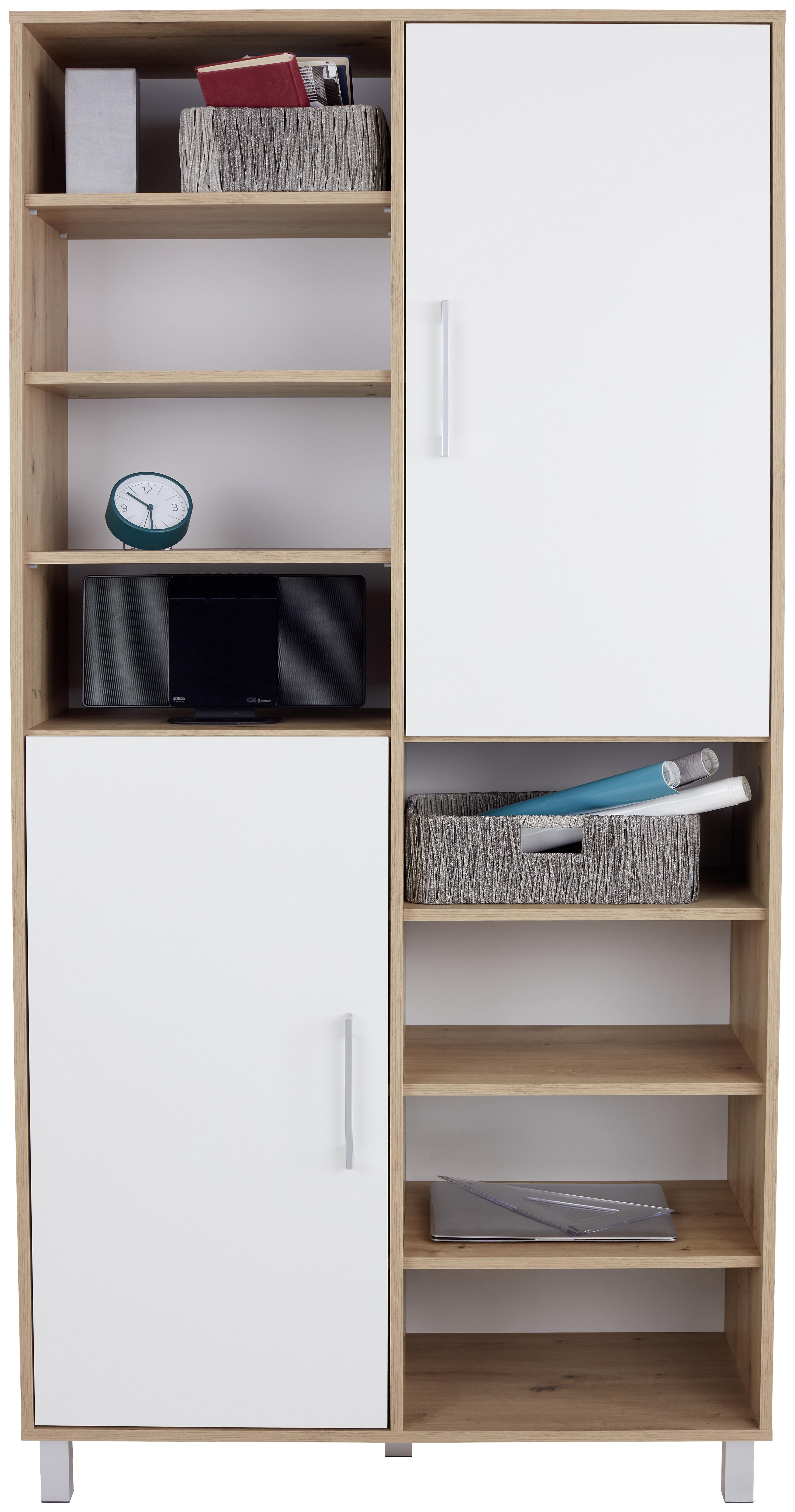 Regal mit Schrankteilen Box B 98cm, Eiche Dekor/Weiß - Eichefarben/Alufarben, MODERN, Holzwerkstoff (98/205/40cm) - Ondega