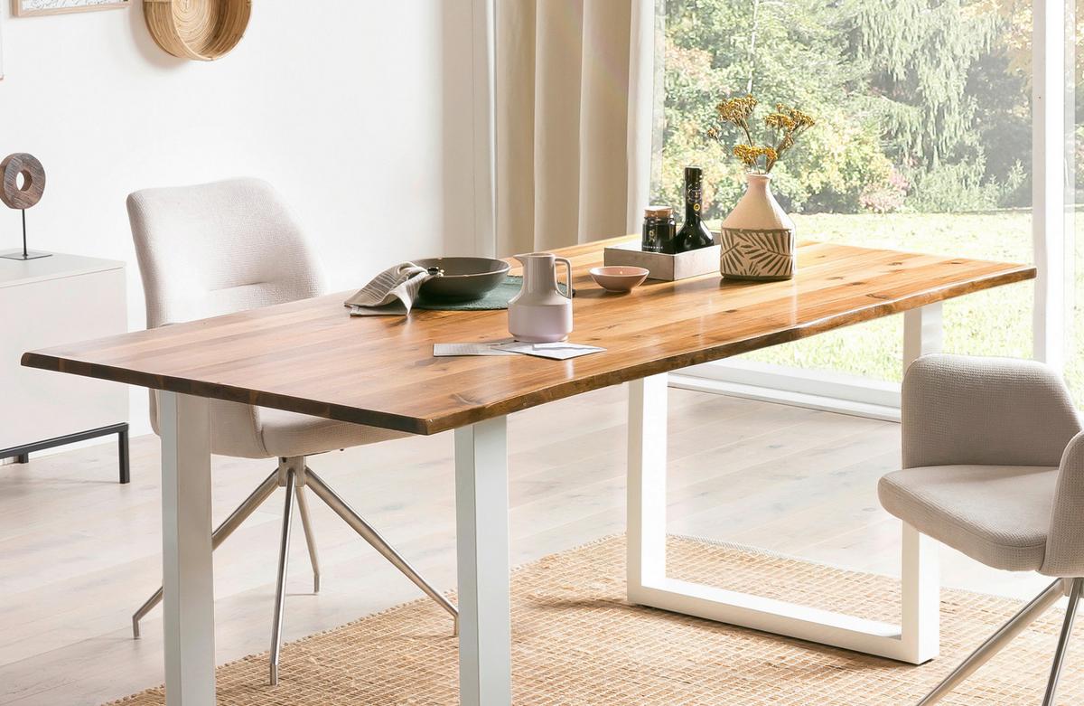 Esstisch 160x90 Akazie Massiv/weiß - Weiß/Naturfarben, MODERN, Holz/Metall (160/90/75cm) - Livetastic