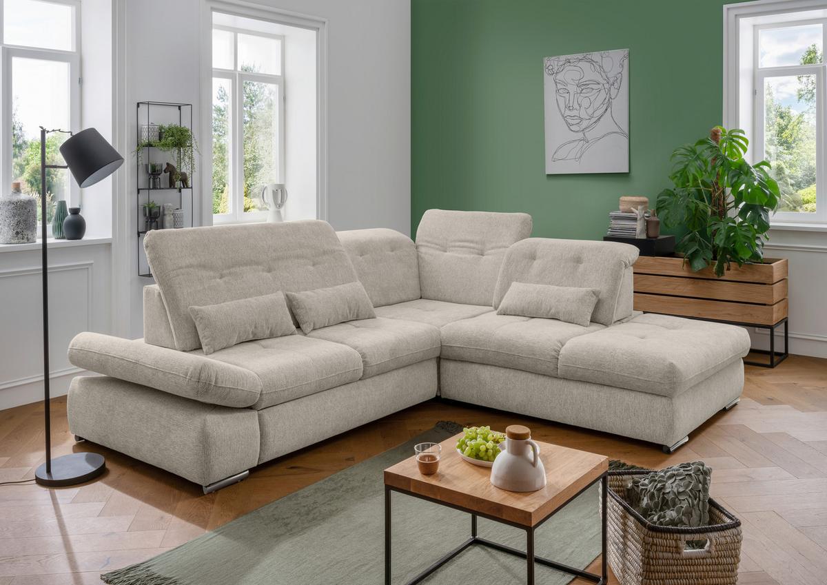 Ecksofa Mit Schlaffunktion Dalida Beige, S: 280x254 Cm - Chromfarben/Beige, Design, Textil (280/254cm) - Livetastic