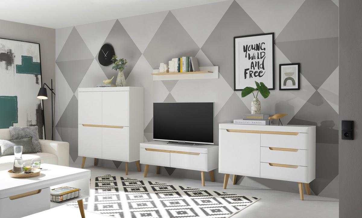 Wohnwand Svante Torge Weiß/Eichefarben B: 361cm - Eichefarben/Weiß, Design, Glas/Holzwerkstoff (361/170/40cm) - MID.YOU
