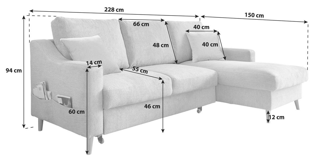 Ecksofa Mit Schlaffunktion Valentina Mit Kissen Rosa - Rosa/Naturfarben, KONVENTIONELL, Textil (228/150cm) - P & B