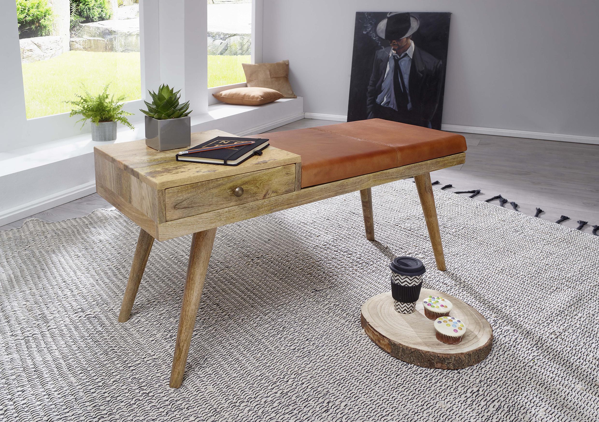 Garderobenbank Salim B: 100 cm Gepolstert Leder/Mangoholz - Braun, Natur, Holz (100/52/38cm) - MID.YOU