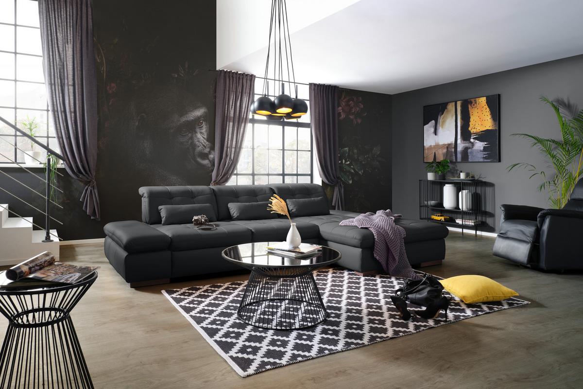 Rohová sedačka SANFINO, pravá, černá pravá kůže - černá/barvy chromu, Konvenční, kov/kůže (305/199cm) - Premium Living