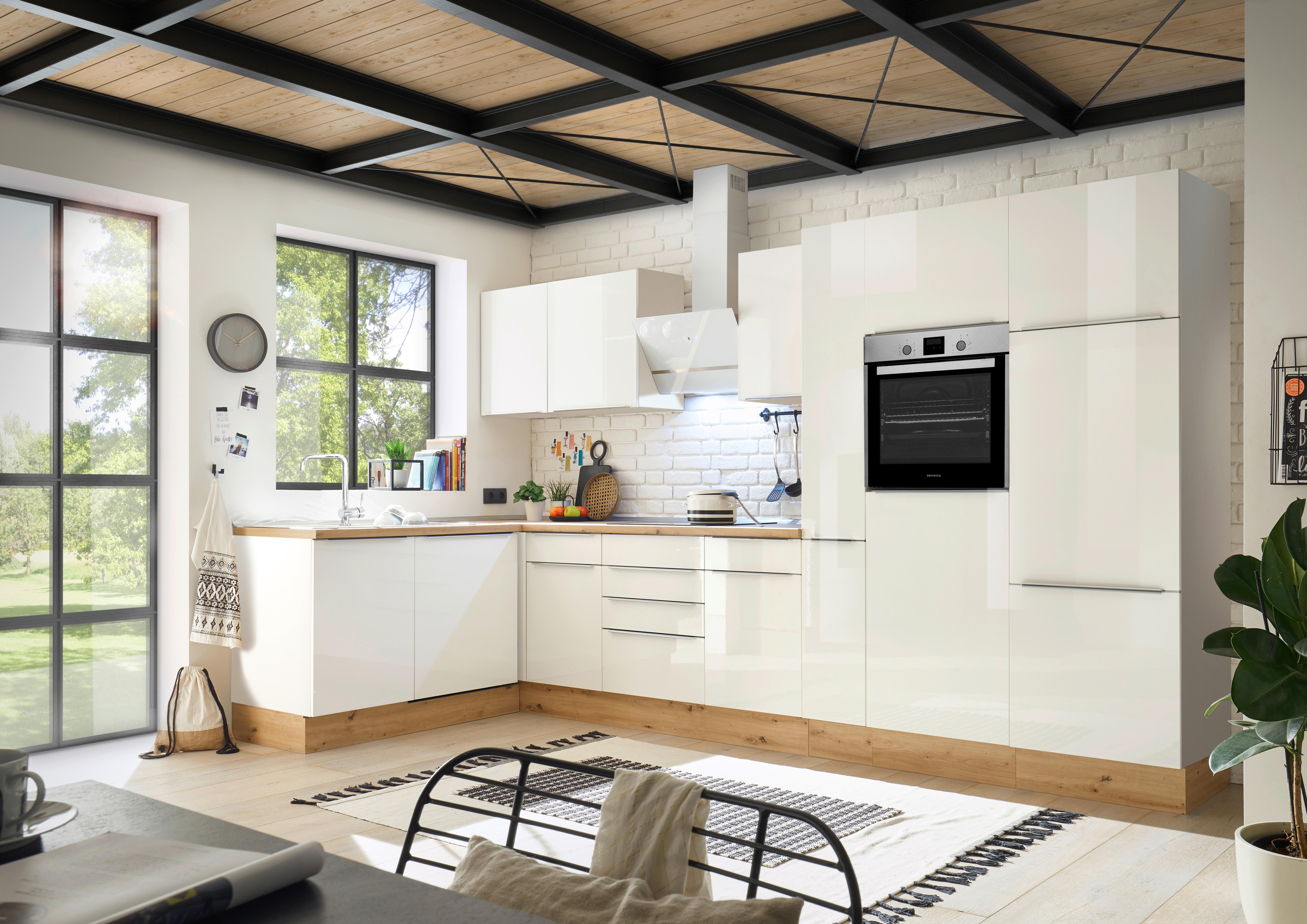 Eckküche Respekta mit Geräten 370x170 cm Weiß Hochglanz - Weiß Hochglanz/Eiche Artisan, LIFESTYLE, Holzwerkstoff (170/370cm) - Respekta