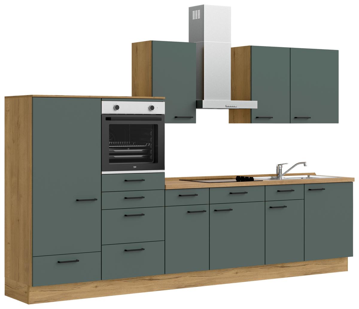 Kuchyňská linka 330 cm, minerální zelená,ultra matná - barvy dubu/černá, Moderní, kov/kompozitní dřevo (330cm) - Nobilia