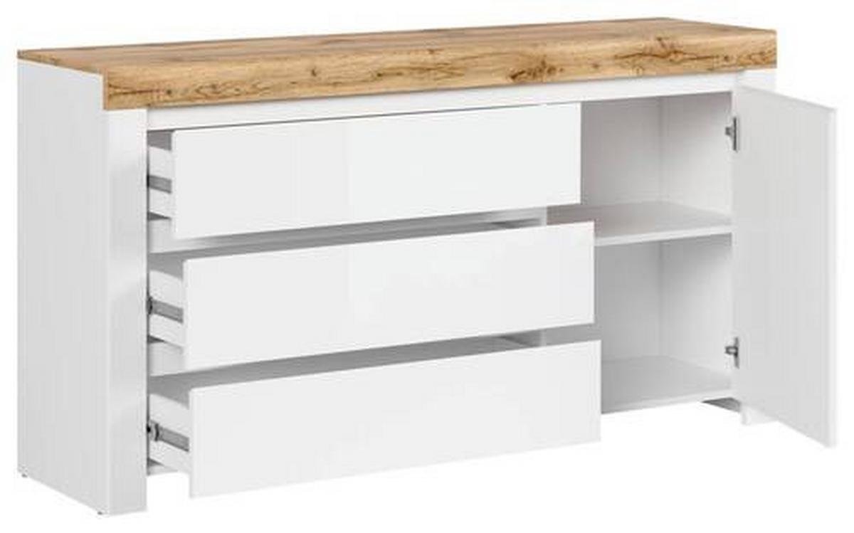 Kommode Holten Chest Of Drawers - Weiß Hochglanz/Eiche Wotan, Design, Holzwerkstoff (156/83,5/42cm)