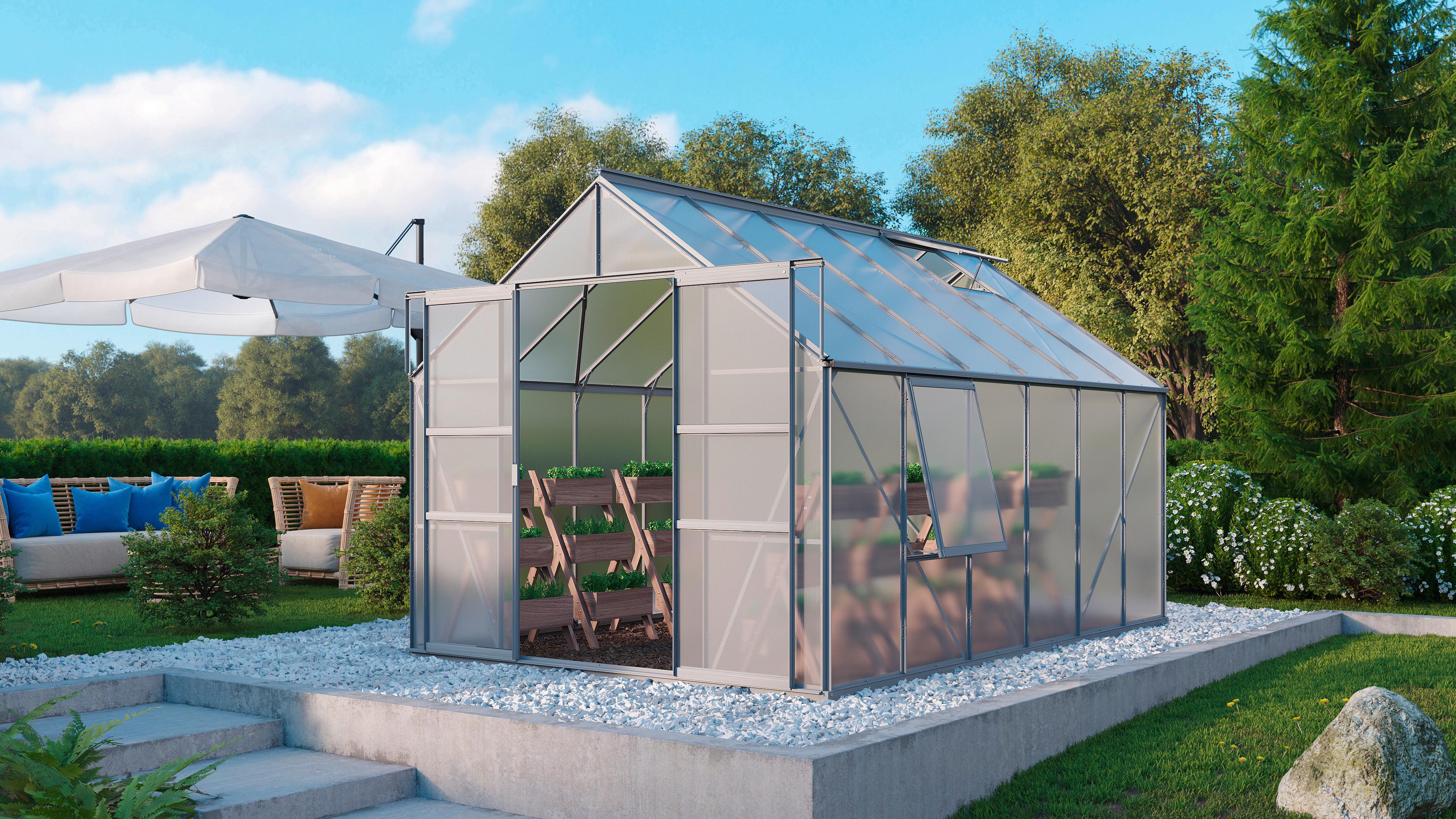 Gewächshausbausatz Meridian 2 9900  9,9 M2 Kunstoff/Metall - Alufarben, Basics, Kunststoff/Metall (257/231,8/383cm)