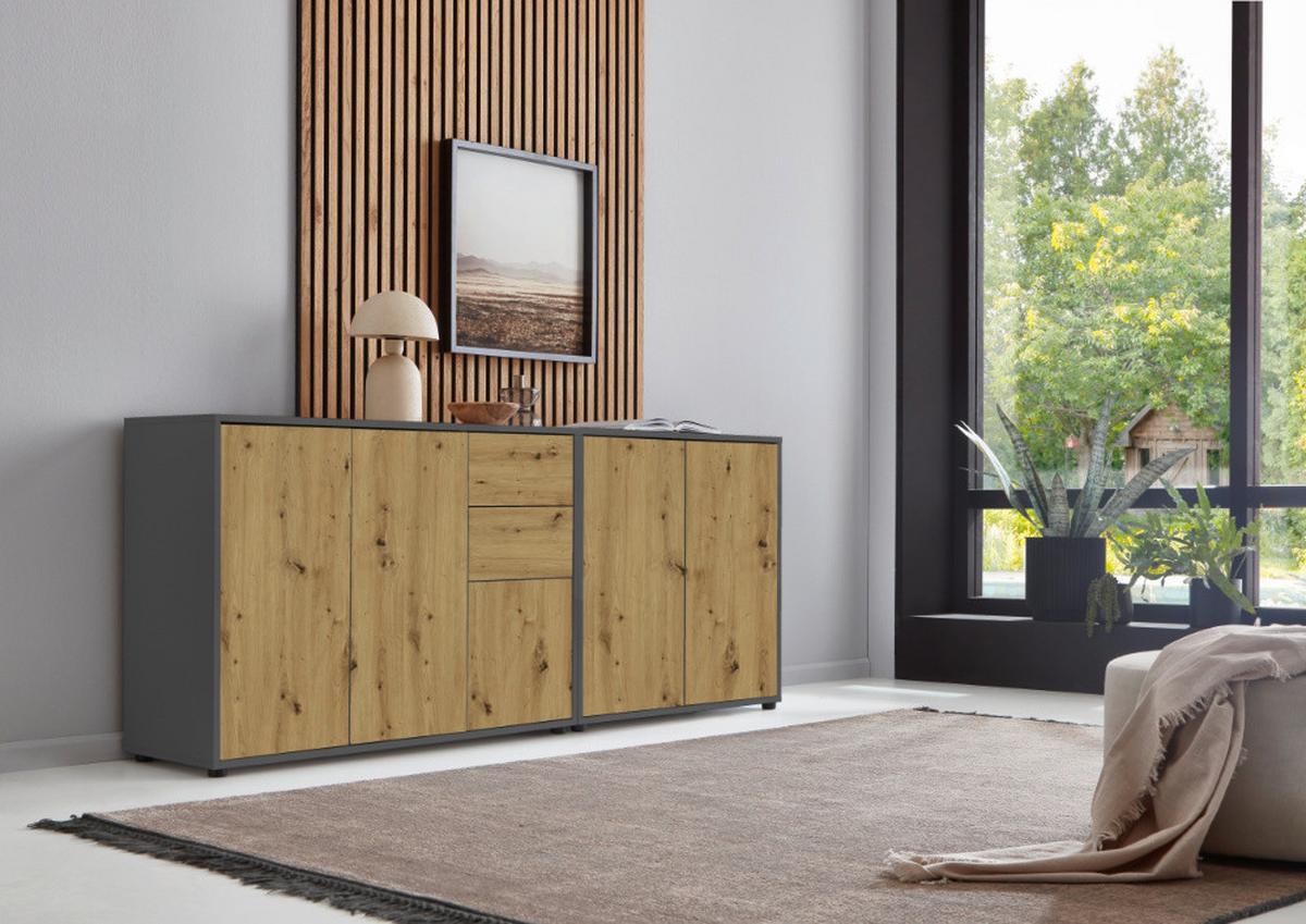 Sideboard Mailand Anthr./eiche Dekor B: 184,5cm - Anthrazit/Schwarz, MODERN, Holzwerkstoff (184,5/73/33cm) - MID.YOU