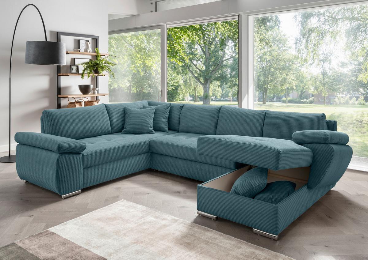 Wohnlandschaft Terana mit Schlaffunktion, Petrol - Chromfarben/Petrol, KONVENTIONELL, Textil (219/305/157cm) - Livetastic