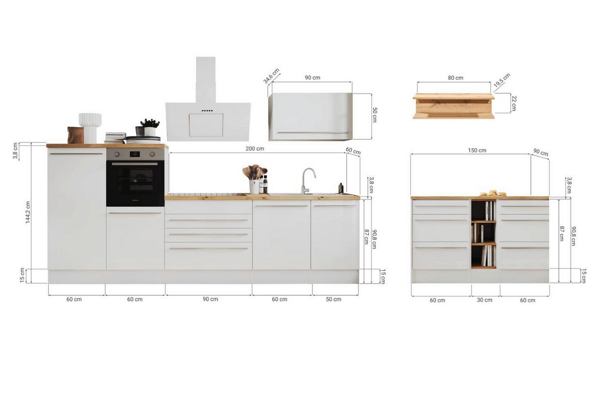 Küchenblock Gabriel Küchenzeile 320 Cm - Wildeiche/Weiß Hochglanz, Design, Holzwerkstoff (320-150cm) - Respekta