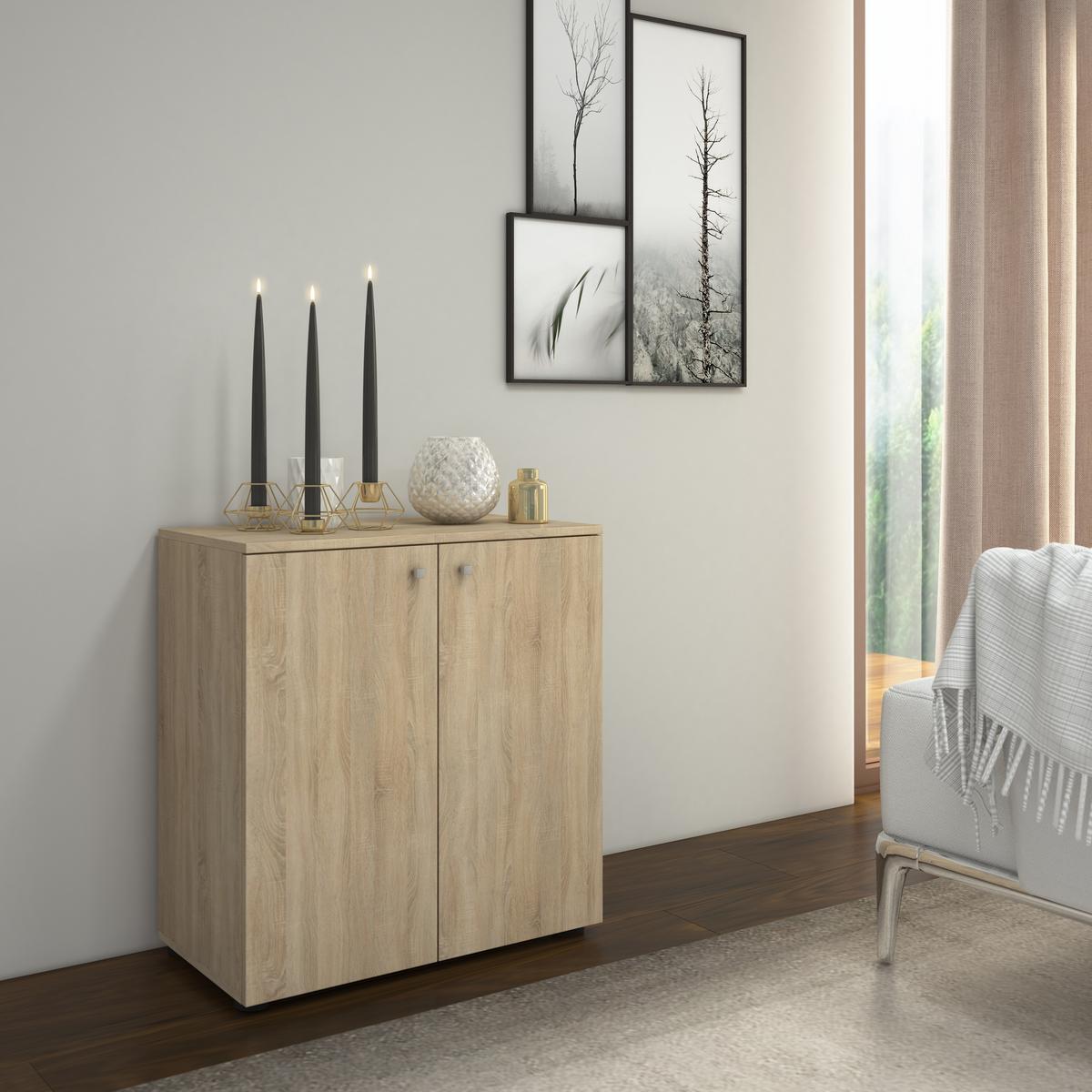 Dvoudveřová komoda Vandol Mini dub Sonoma - černá/barvy stříbra, Basics, kompozitní dřevo/plast (70/74/40cm) - Livetastic