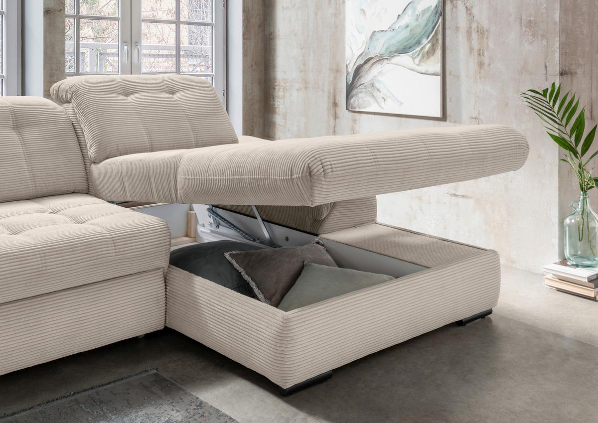 Ecksofa Mit Bettkasten Rigatti Beige S: 314x184 Cm - Beige/Schwarz, MODERN, Textil (314/184cm) - Livetastic