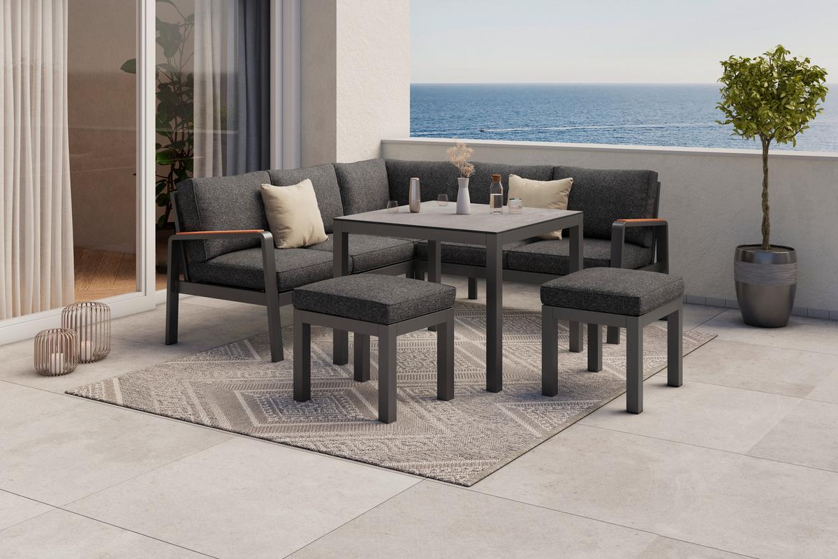 Loungegarnitur 4-Tlg Sorrent Metall/Textil/Glas mit Kissen - Anthrazit/Schwarz, MODERN, Keramik/Textil (193/193cm) - Beldano