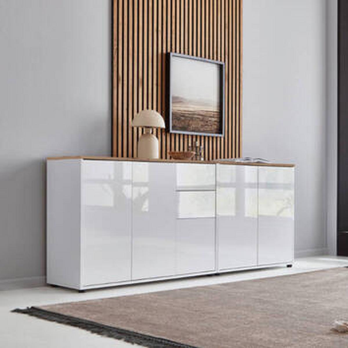 Sideboard Mailand Weiß/ Weiß Hg/eiche Dekor B: 184,5cm - Weiß Hochglanz/Schwarz, MODERN, Holzwerkstoff (184,5/73/33cm) - MID.YOU