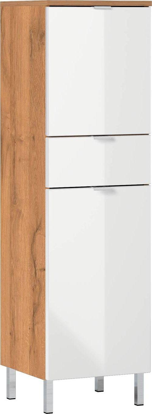 Midischrank Bad BxH 34x120 cm Weiß/ Eiche Dekor - Chromfarben/Eichefarben, KONVENTIONELL, Holzwerkstoff (34/120/34cm) - Germania