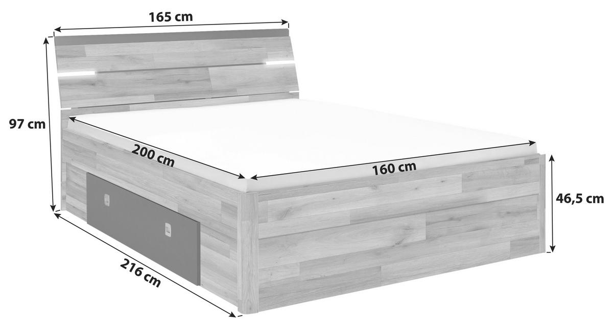 Stauraumbett Mit Beleuchtung 160x200 Cm Mars Eiche Dekor - Eichefarben/Dunkelgrau, KONVENTIONELL, Holzwerkstoff (160/200cm) - MID.YOU