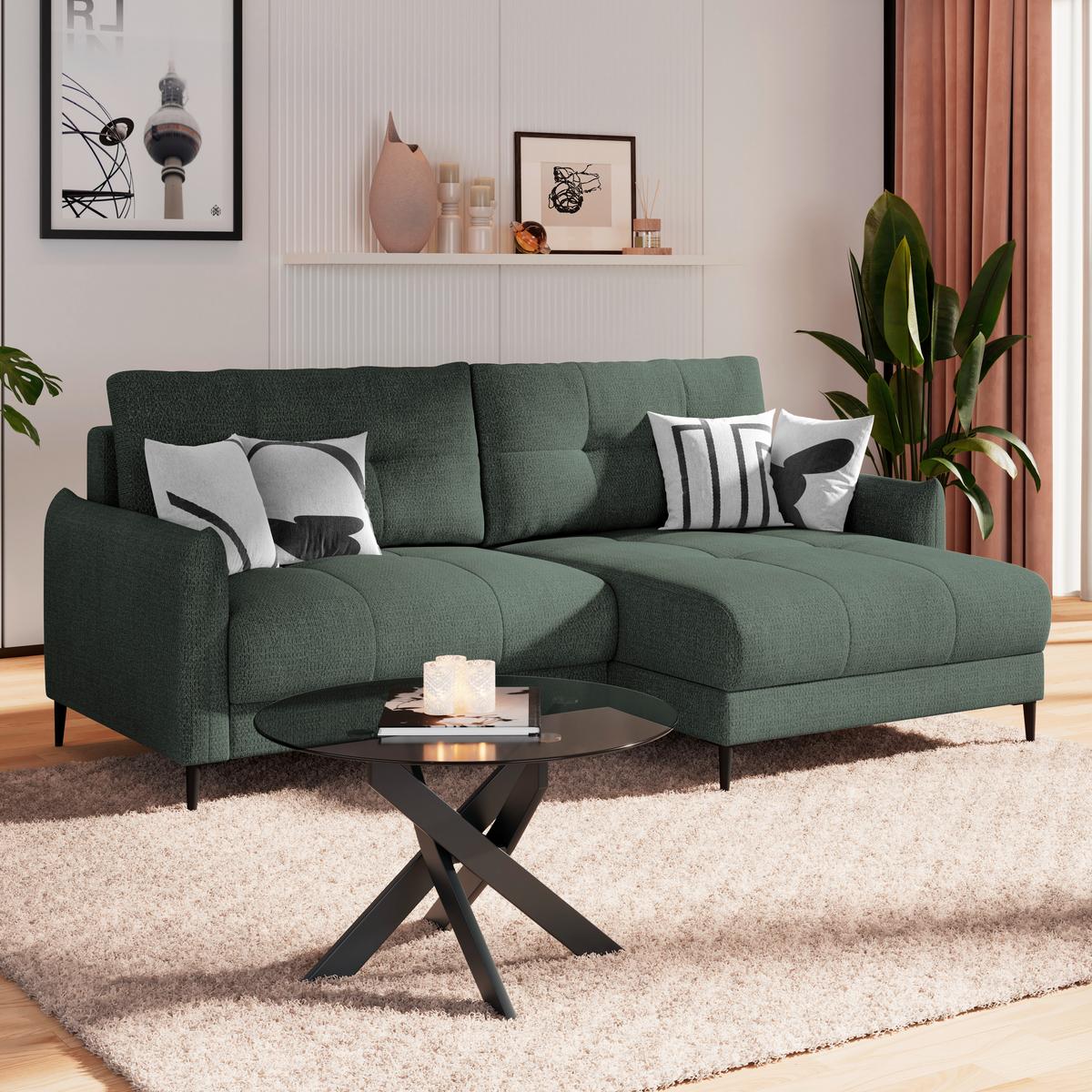 Ecksofa Polis Webstoff dunkelgrün, 221x142cm - Dunkelgrün/Schwarz, Trend, Textil (221/142cm) - Ondega