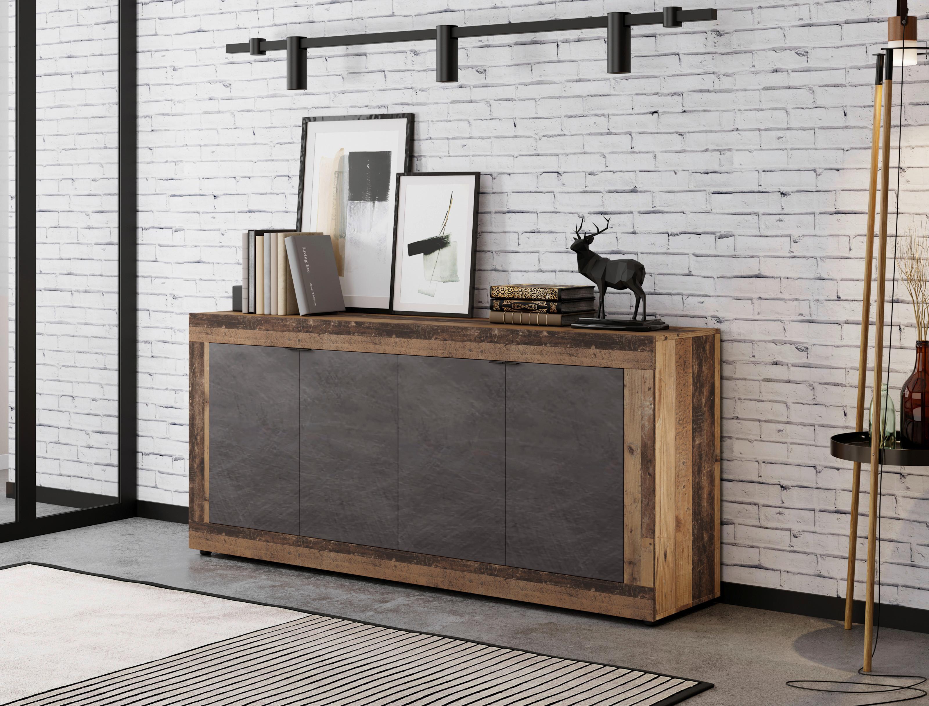 Sideboard 180cm Lunea Graphitfarben - Alteiche/Schwarz, Design, Holzwerkstoff (180/86/42cm) - MID.YOU