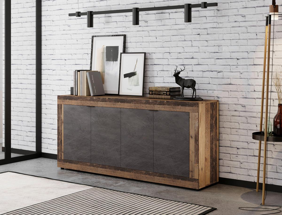 Sideboard 180cm Lunea Graphitfarben - Alteiche/Schwarz, Design, Holzwerkstoff (180/86/42cm) - MID.YOU