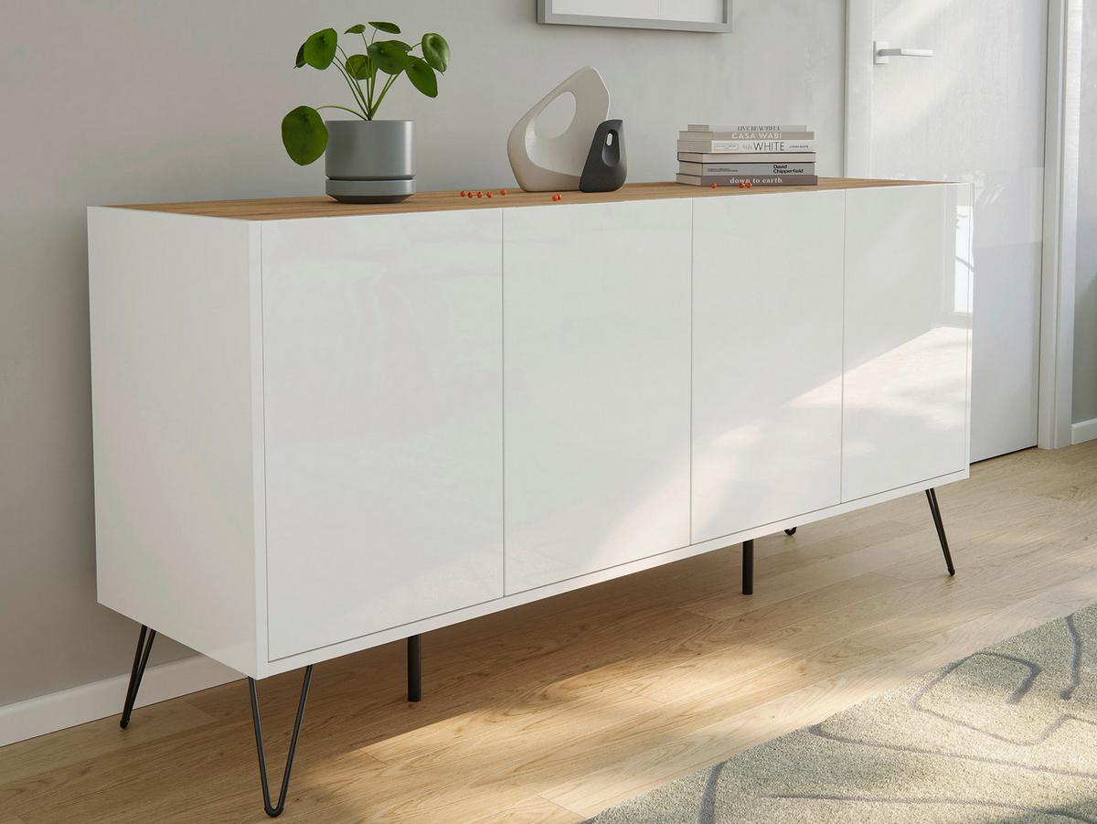 Sideboard Posseik Indutrial Eichefarben/Weiß B: 155 cm - Weiß Hochglanz/Eichefarben, Design, Holzwerkstoff (155/75,8/42cm) - MID.YOU