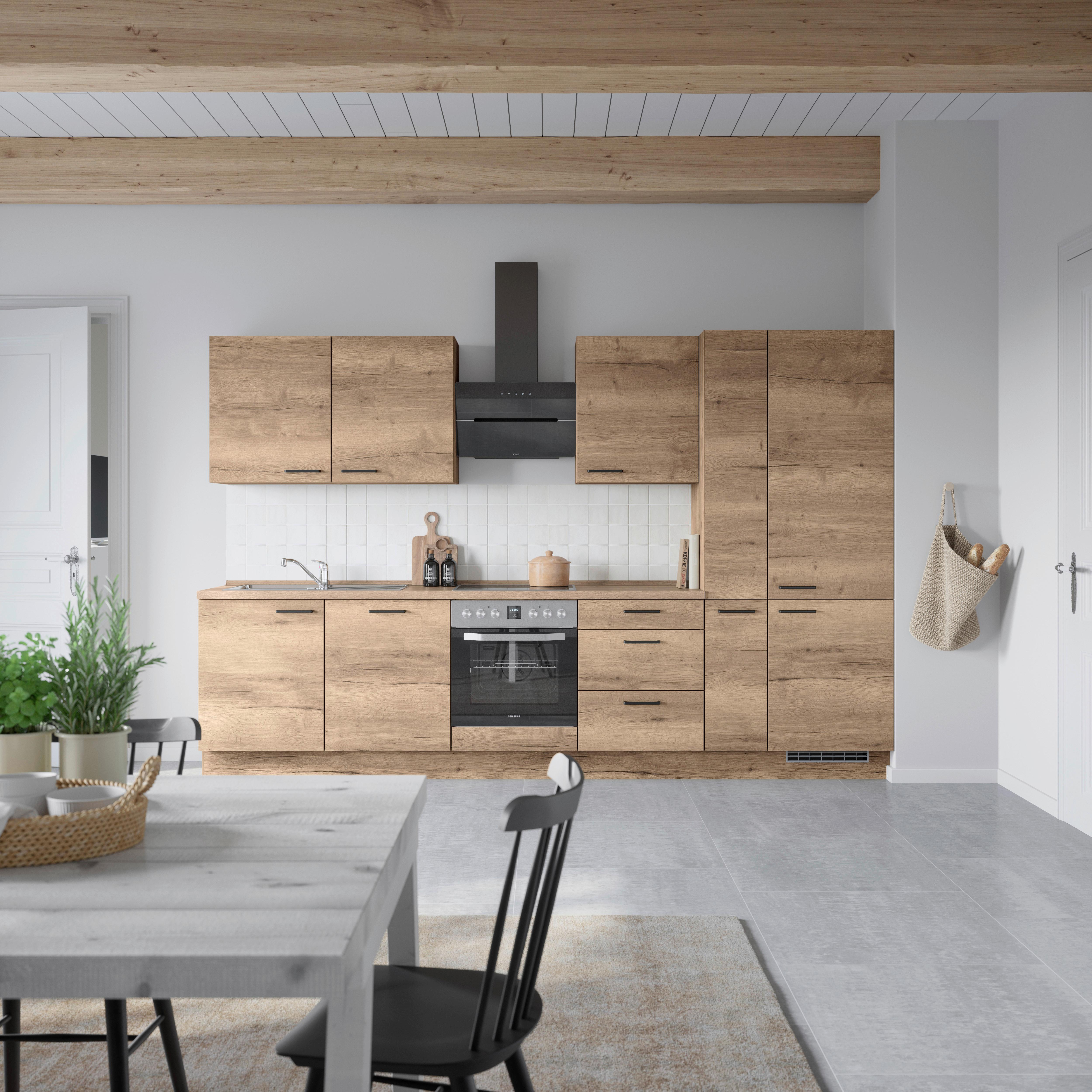Kuchyňská linka 330 cm, dekor dub Havanna - černá/tmavý dub, Moderní, kov/kompozitní dřevo (330cm) - Nobilia