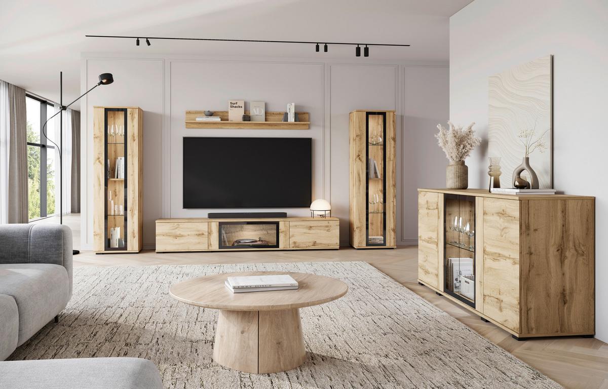 Kommode Caro Eiche Wotan B: 150 cm - Eiche Wotan/Schwarz, Design, Glas/Holzwerkstoff (150/69,7/39,5cm) - Livetastic