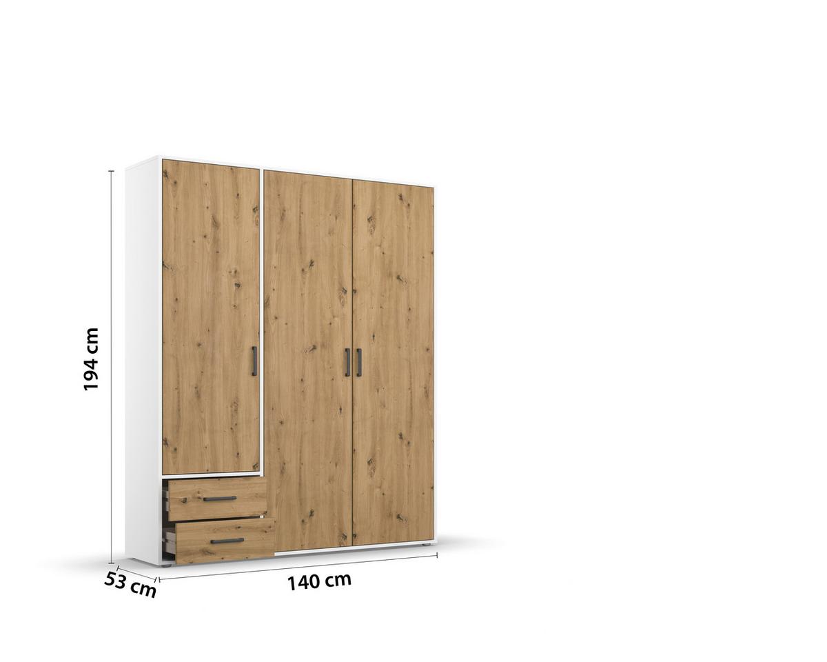 Drehtürenschrank Voyager Weiß,eiche Artisan B: 140 cm - Eiche Artisan/Weiß, MODERN, Holzwerkstoff (140/194/53cm) - Rauch Möbel