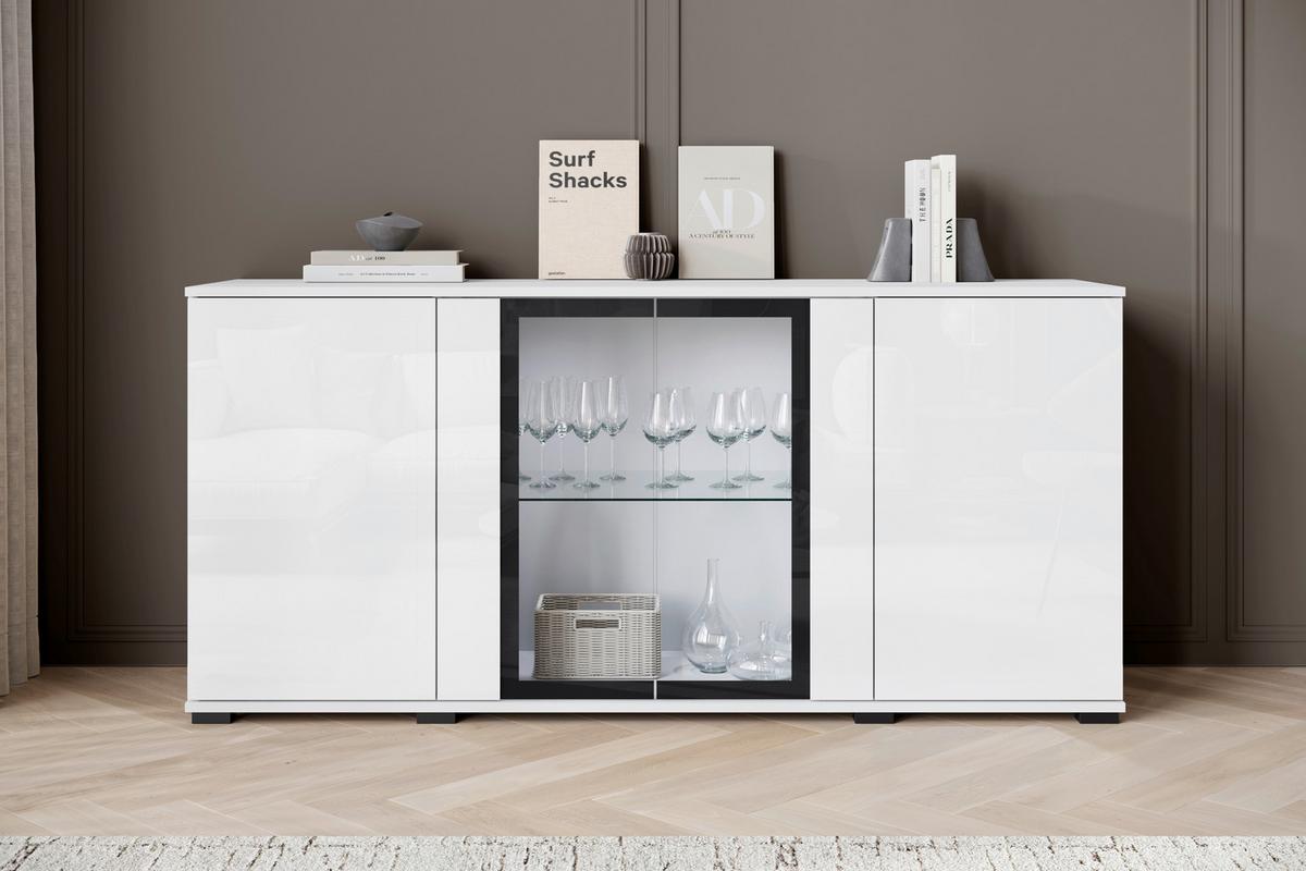Kommode Caro Weiß B: 150 cm - Weiß Hochglanz/Schwarz, Design, Glas/Holzwerkstoff (150/69,7/39,5cm) - Livetastic