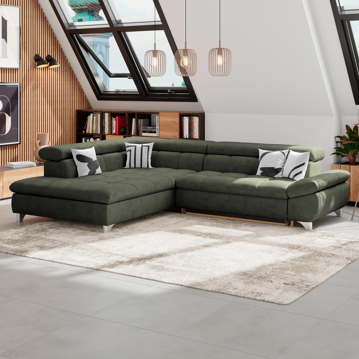Ecksofa Gemini Waldgrün, B: 234cm - Chromfarben/Dunkelgrün, KONVENTIONELL, Textil (234/312cm)