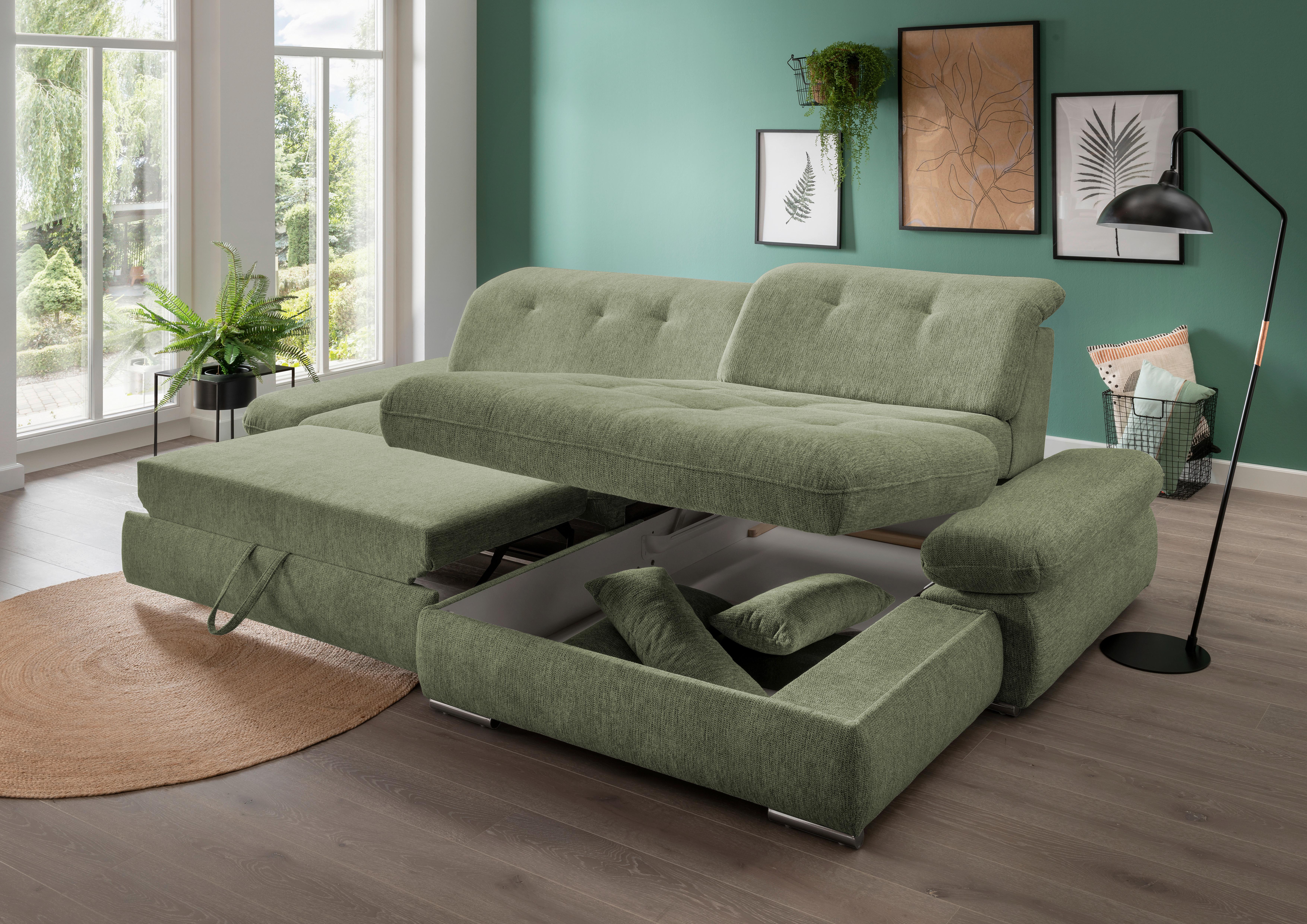Ecksofa Mit Schlaffunktion Dalida Grün Chenille - Chromfarben/Grün, Design, Textil (300/196cm) - Livetastic