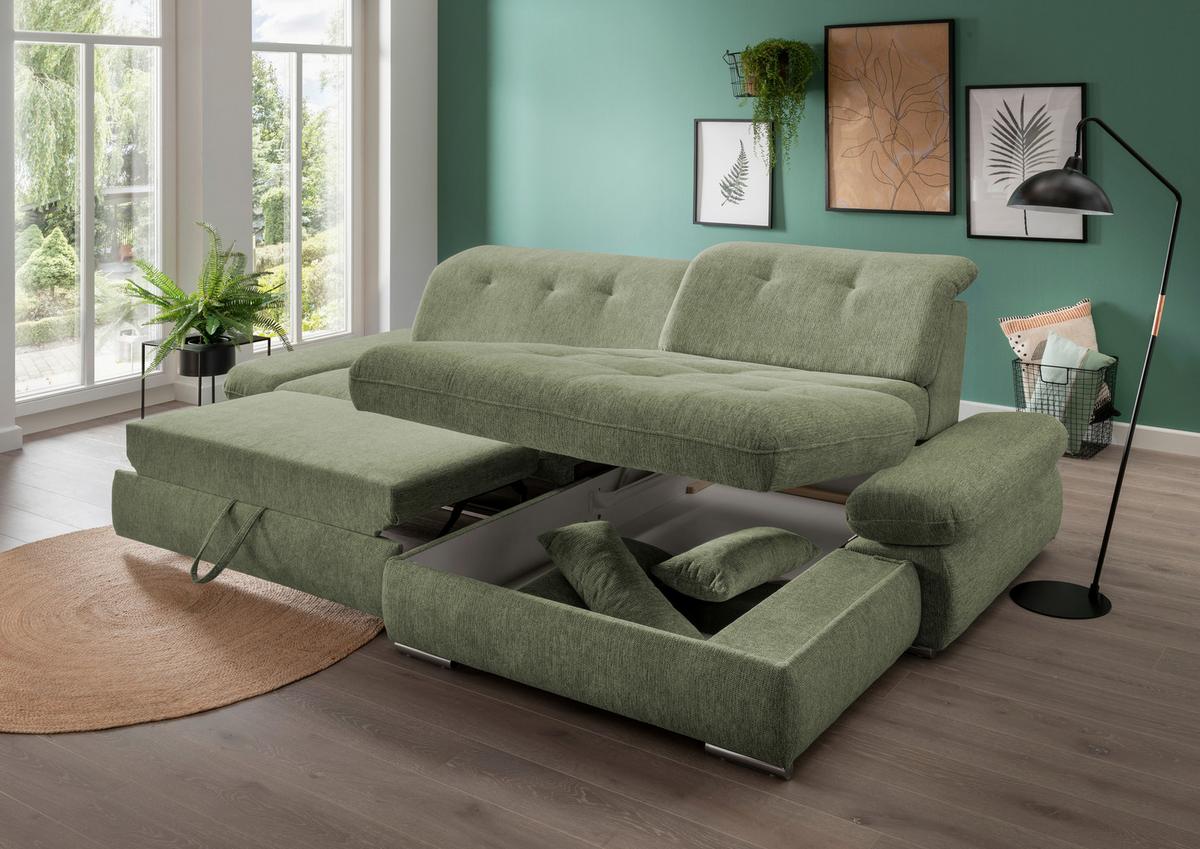 Ecksofa mit Schlaffunktion Dalida Grün Chenille - Chromfarben/Grün, Design, Textil (300/196cm) - Livetastic