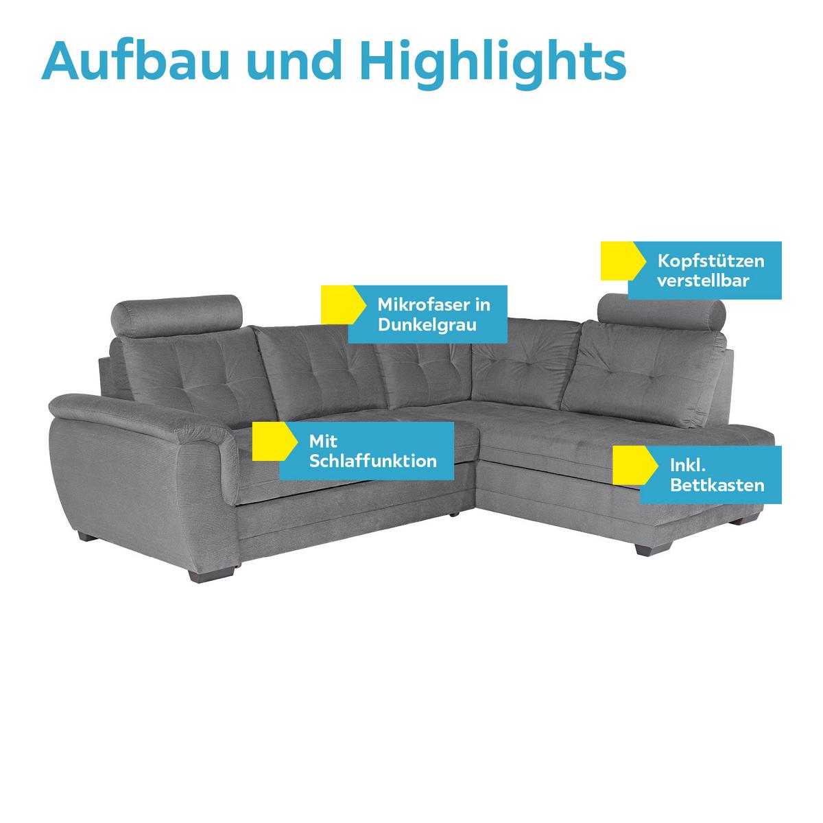 Ecksofa Mit Schlaffunktion + Bettkasten Falco, Webstoff - Dunkelgrau/Dunkelbraun, KONVENTIONELL, Textil (251/183cm) - Ondega