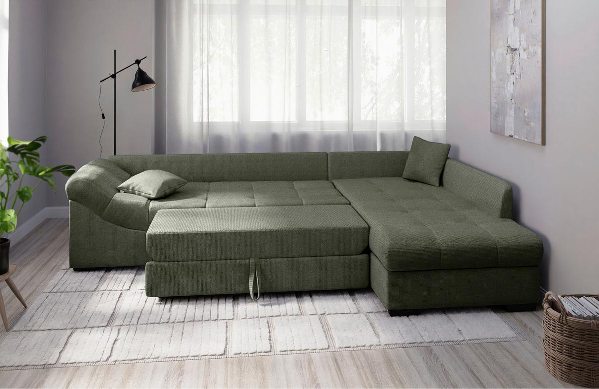 Eckschlafsofa Alvito Dunkelgrün S: 298x202cm - Dunkelgrün/Schwarz, MODERN, Textil (298/202cm) - MID.YOU