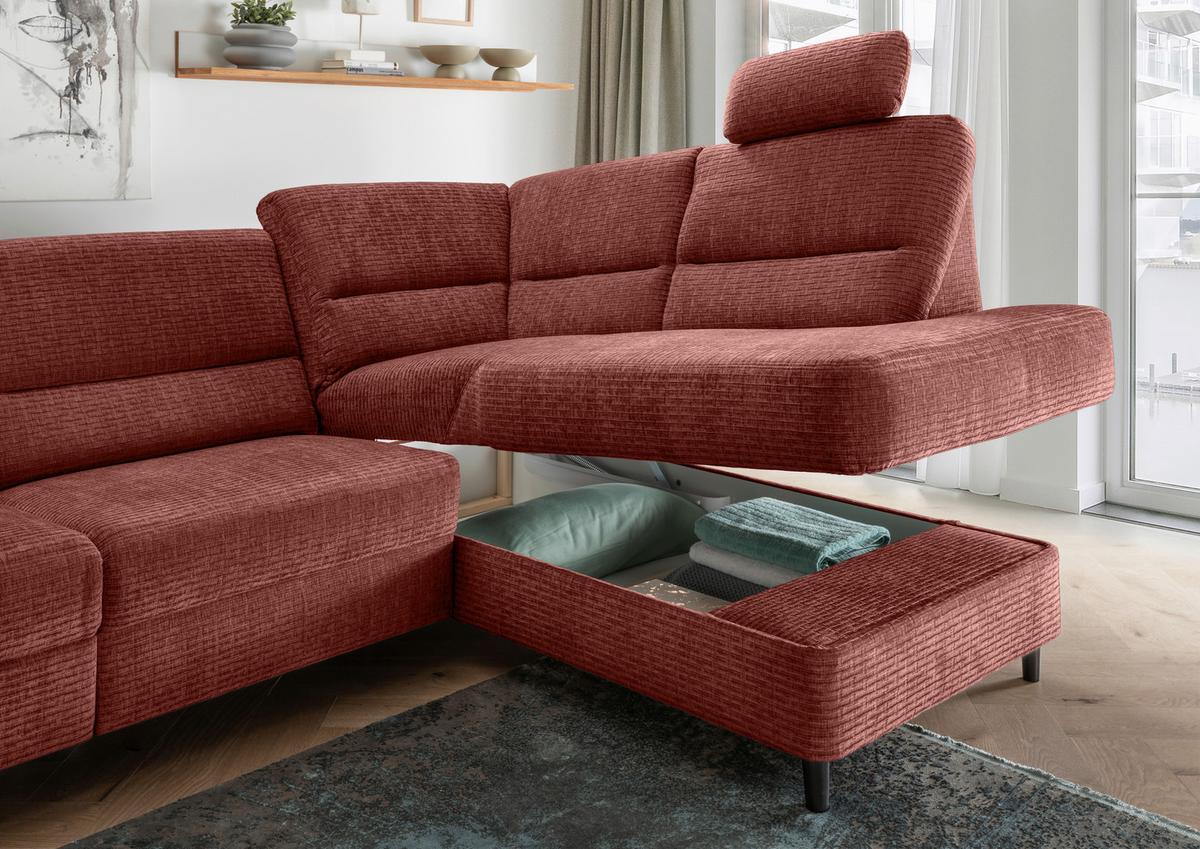 Ecksofa Cavoli Koralle Relaxfunktion S: 266x190 cm - Koralle/Schwarz, MODERN, Textil (266/190cm) - Livetastic