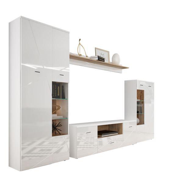 Wohnwand Modern 4 Tlg. mit Led Storm, Weiß - Eichefarben/Schwarz, MODERN, Glas/Holzwerkstoff (340/196/40cm) - MID.YOU