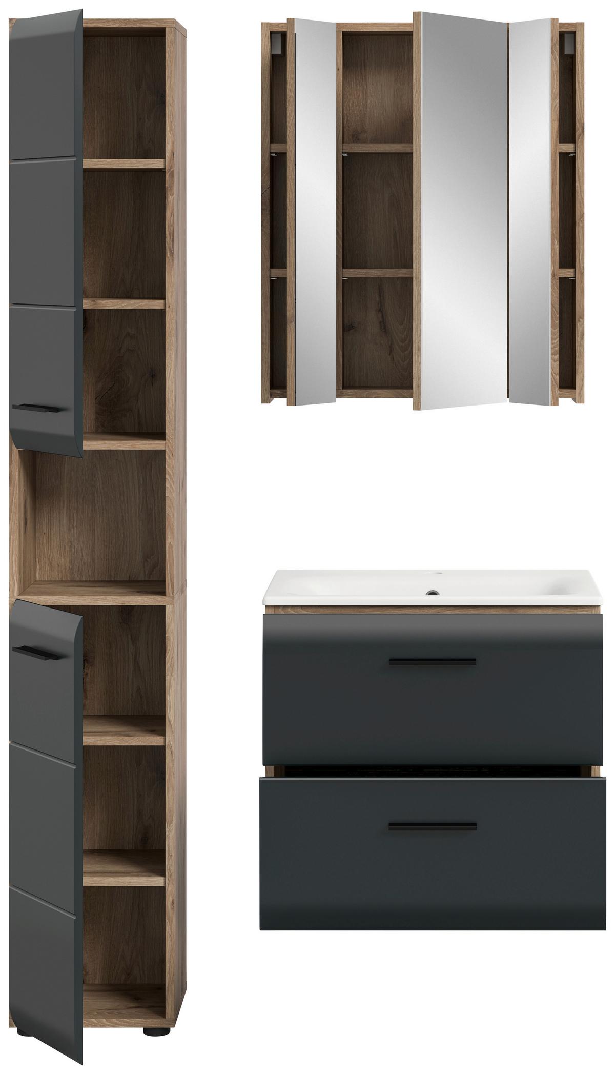 Koupelna Ice 3-dílna, černá/Dub tmavy - bílá/černá, Basics, kompozitní dřevo/plast (90cm) - MID.YOU