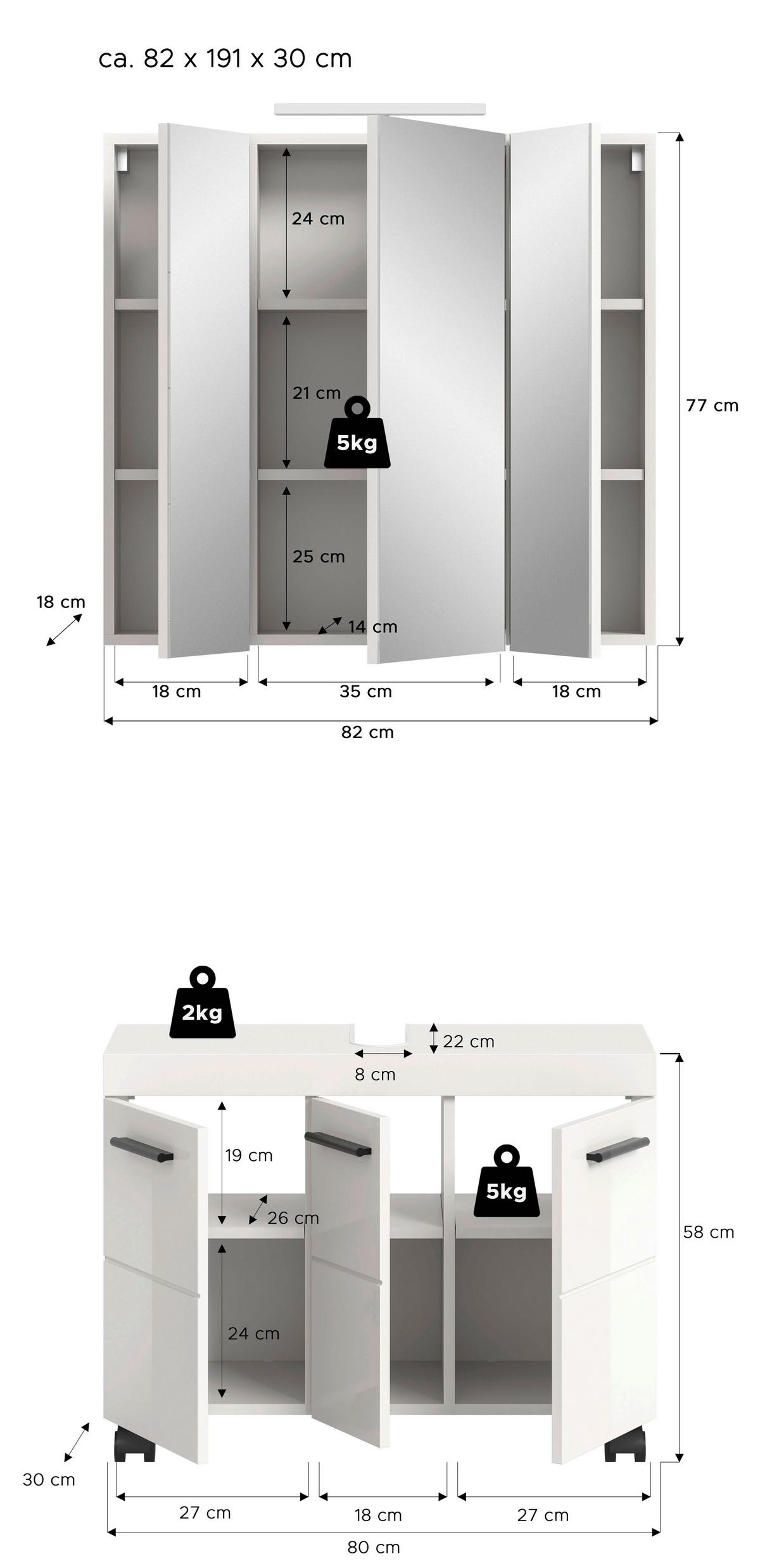 Badezimmer Nova Weiß B: 82cm - Weiß Hochglanz/Schwarz, Trend, Glas/Holzwerkstoff (82cm) - MID.YOU