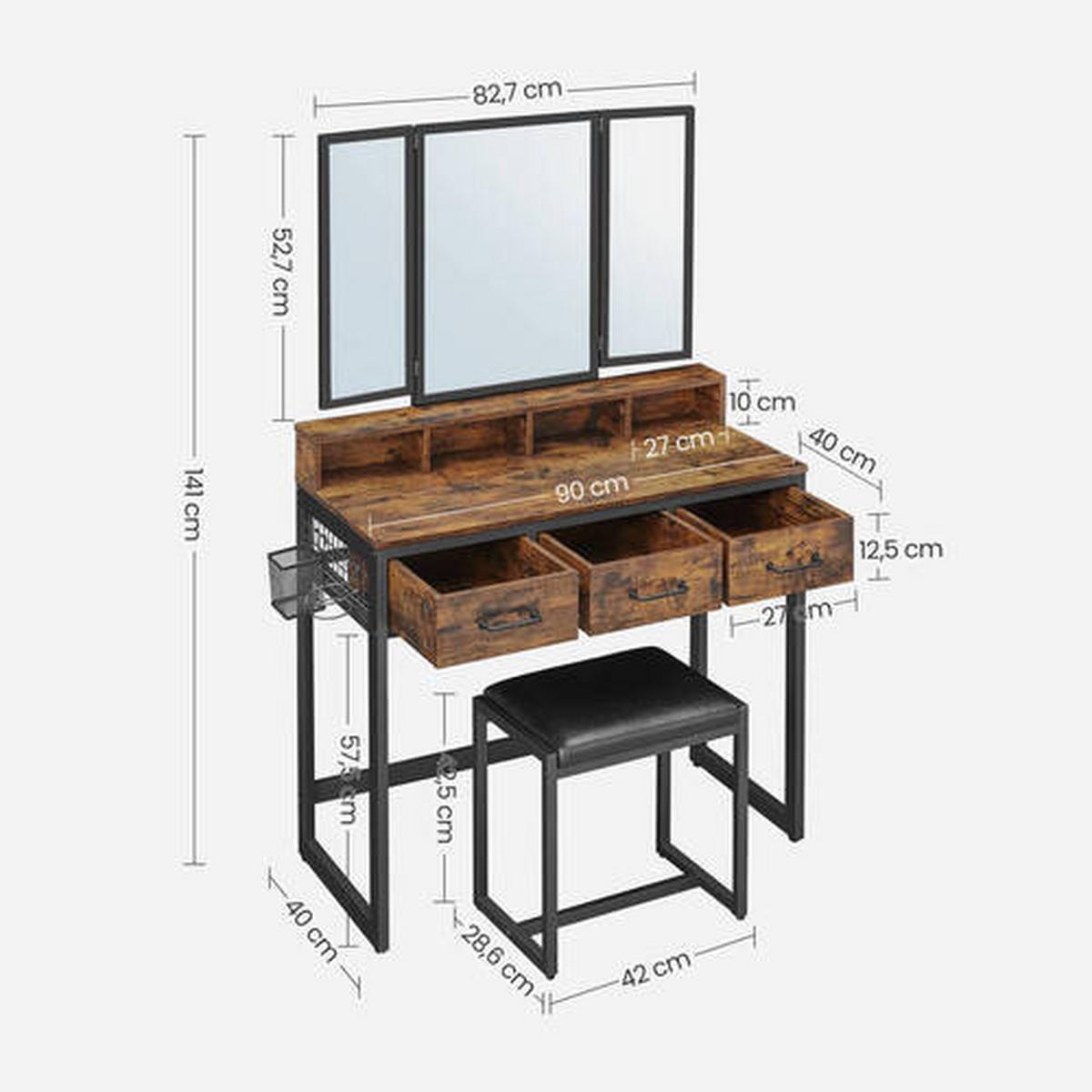 Schminktisch B: 40 cm Braun/Schwarz - Schwarz/Braun, Trend, Glas/Holzwerkstoff (90/40/141cm) - Boxxx